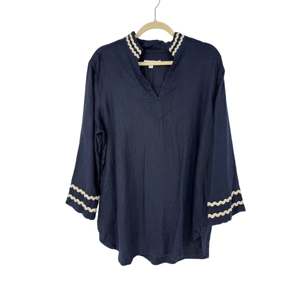 Chico’s Navy Blue 100% Linen Tunic Top Ric Rac Trim Size 3 (US 16) Boho Coastal